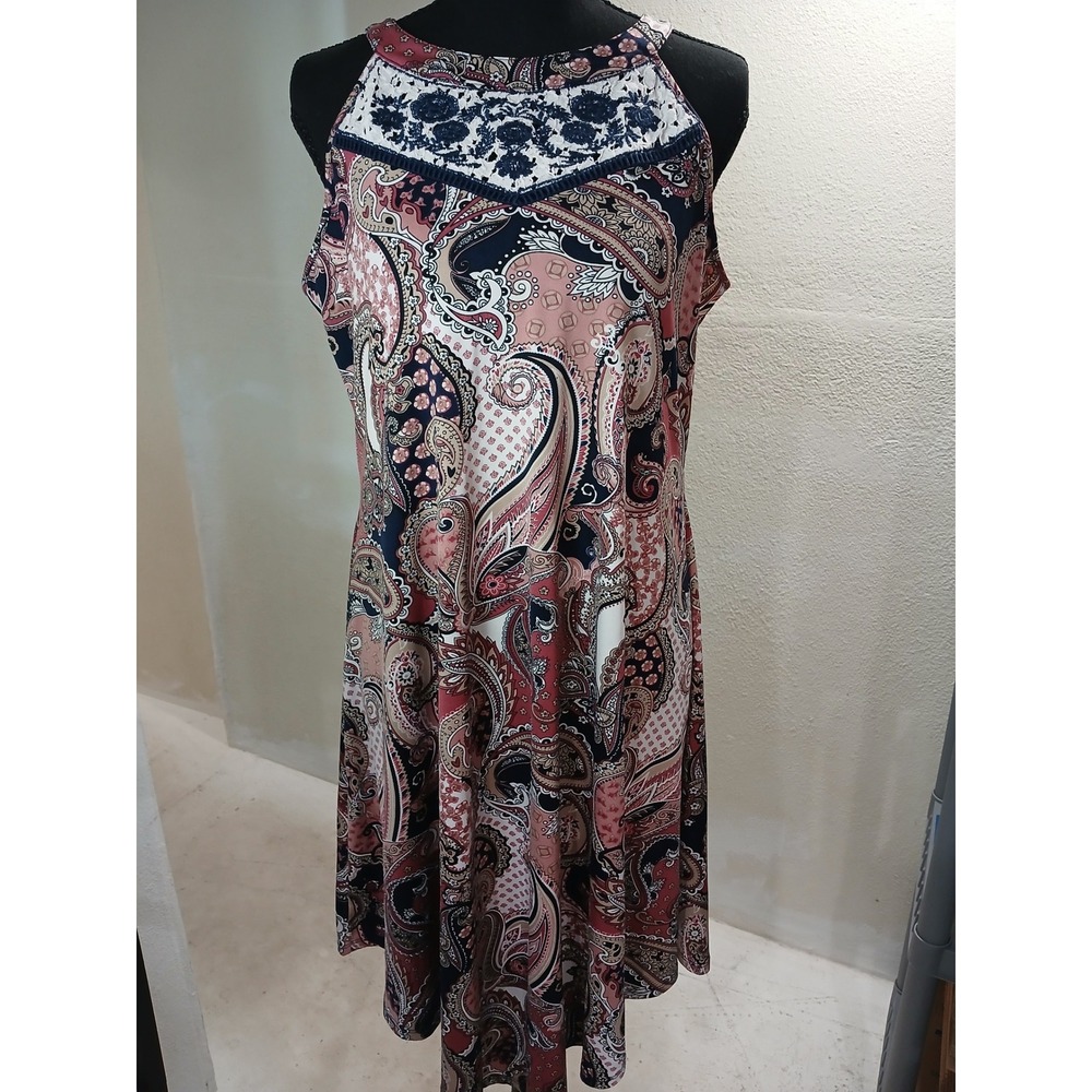 Perceptions Paisley Halter Dress Navy Pink Lace Neckline High Low Hem Sleeveless